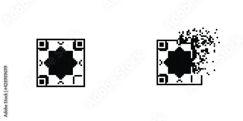 Ornamental Qr code 8 bit dispersed filled rectanlge, illustration for graphic design, colors: black and white photo