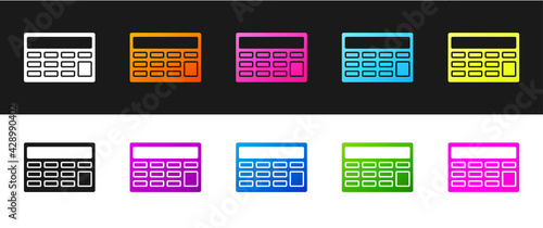 Set Calculator icon isolated on black and white background. Accounting symbol. Business calculations mathematics education and finance. Vector