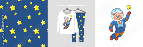 Seamless pattern and illustration set with cosmonaut bear. Cute design pajamas on a hange