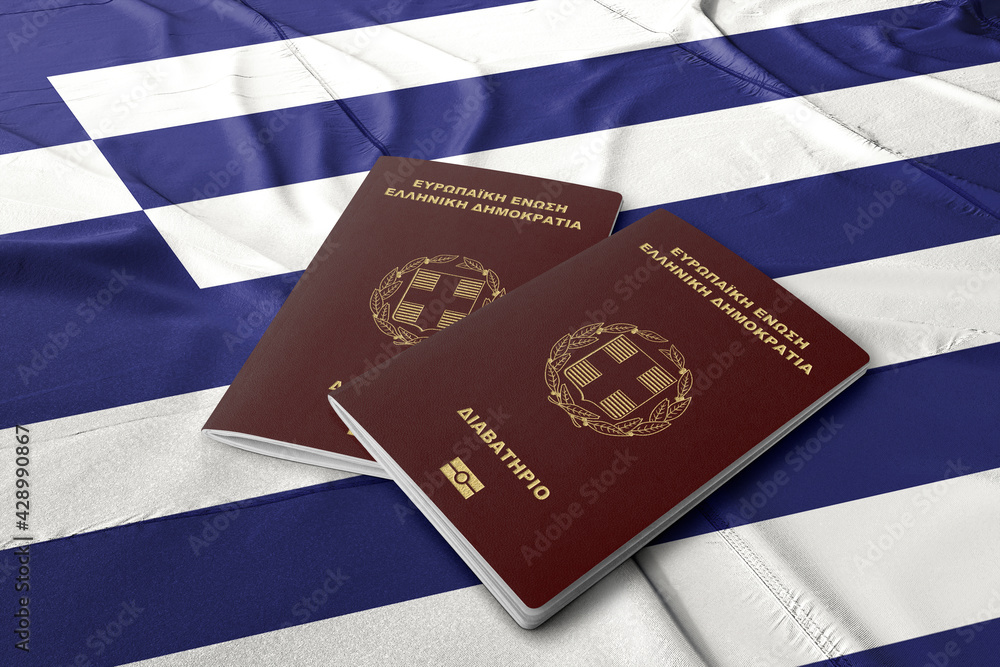 Greek passport on the flag of Greece, Citizenship by investment Stock