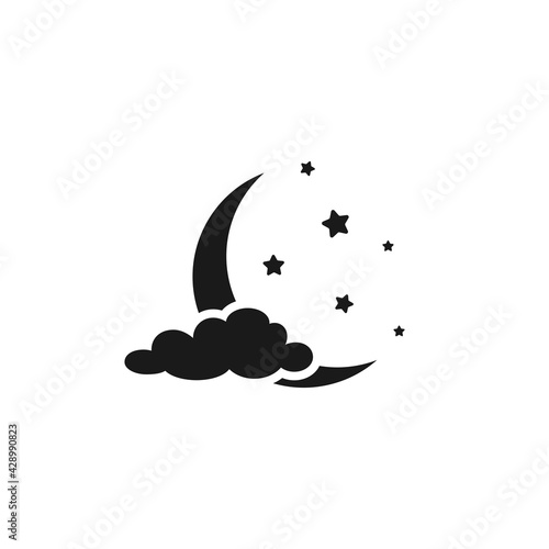 Black half moon and stars isolated on white. Night, sky, dream, sleep symbol.