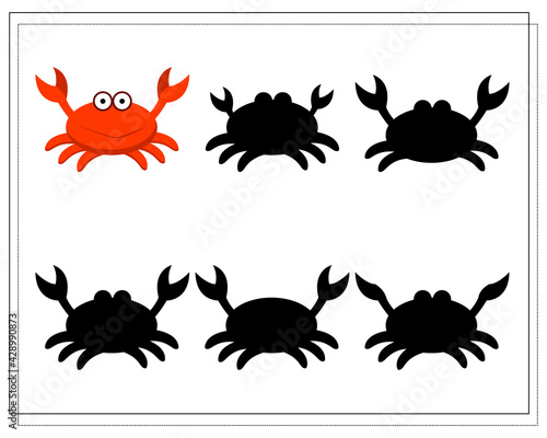 Puzzle game for kids find the right shadow. Choose a shade for the sea creatures  cartoon crab. vector isolated on a white background