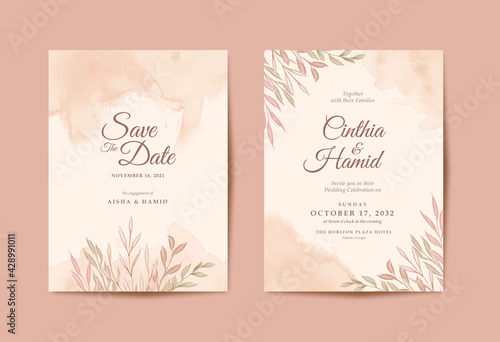 Romantic Wedding invitation with beautiful leaves watercolor
