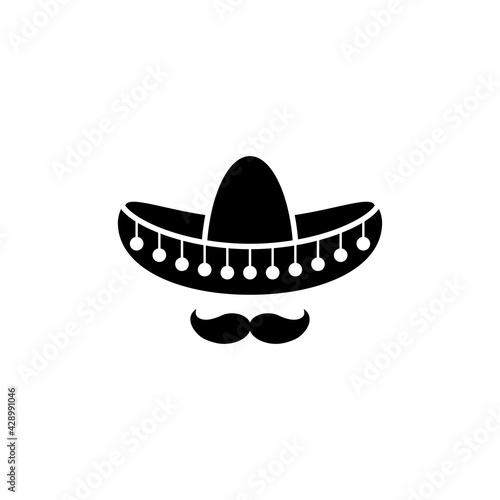 Sombrero, Mexican hat with mustache black icon. Flat logo isolated on white. vector illustration.