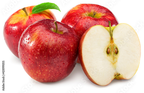 red apples with green leaf and half isolated on white background. clipping path