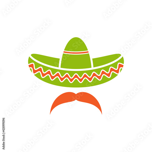 Sombrero, Mexican hat with mustache black icon. Flat logo isolated on white. vector illustration.