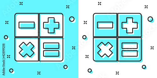 Black line Calculator icon isolated on green and white background. Accounting symbol. Business calculations mathematics education and finance. Random dynamic shapes. Vector