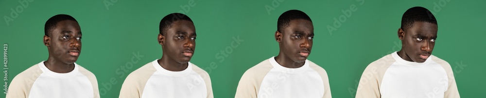 Obraz premium Evolution of emotions, African man's portrait isolated on green studio background with copyspace
