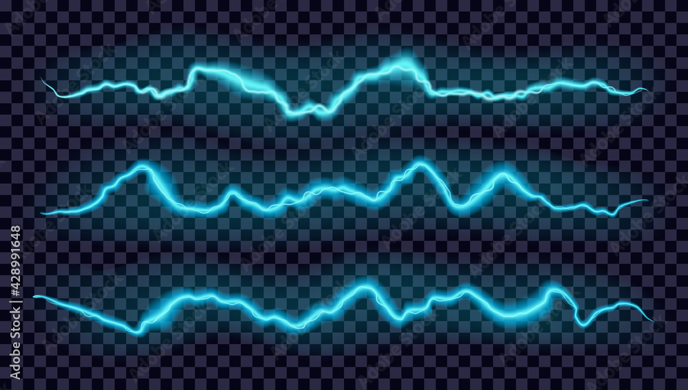 Vector glowing blue lightning set. Electric energy or equalizer design