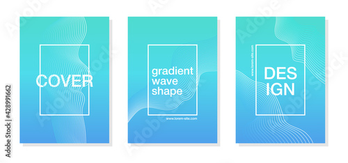 Minimal relax abstract wave cover background design. Bright aquamarine blue gradient A4 poster template. Linear halftone blend wave design vector set. Leaflet, flyer, notebook, presentation template.