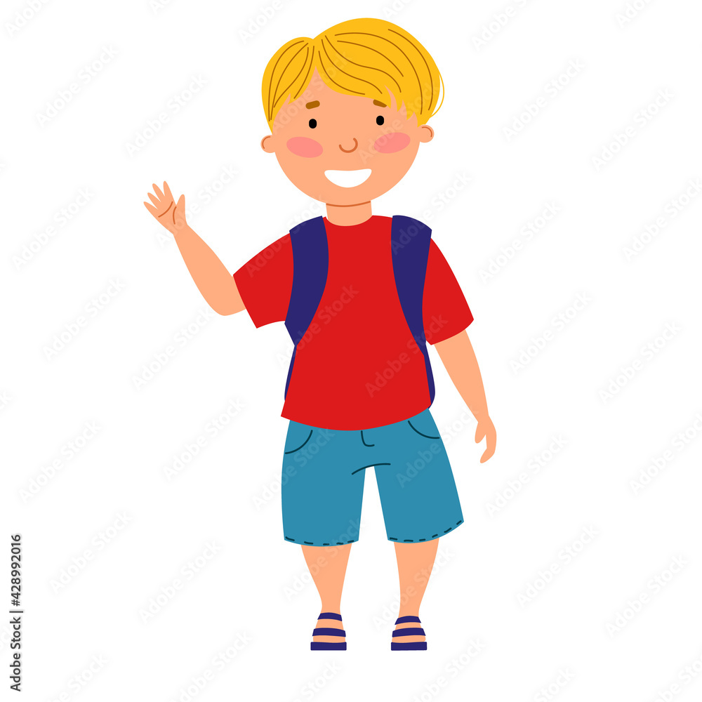 A cute blond boy with a backpack waves his hand. A cute blond boy with a backpack waves his hand.