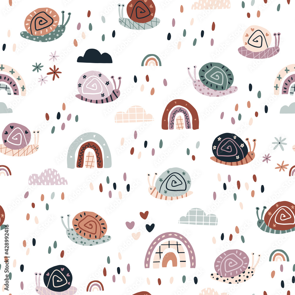 Fototapeta premium Rainbow snails in the rain seamless pattern. Summer nursery vector background in earthy trending colors. Hand-drawn childish naive illustrations in a simple Scandinavian style in a limited palette