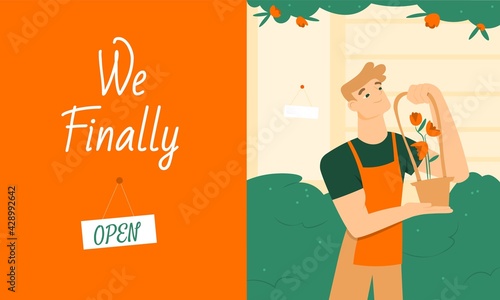 Inviting banner for a flower shop opening on which friendly male florist decorates the facade of the shop with flowers in a basket. Small bussiness or family bussiness