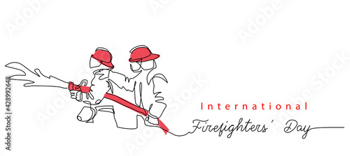 Two Fireman with hose in red helmets. Lettering International Firefighters day.One continuous line drawing vector illustration of fireman
