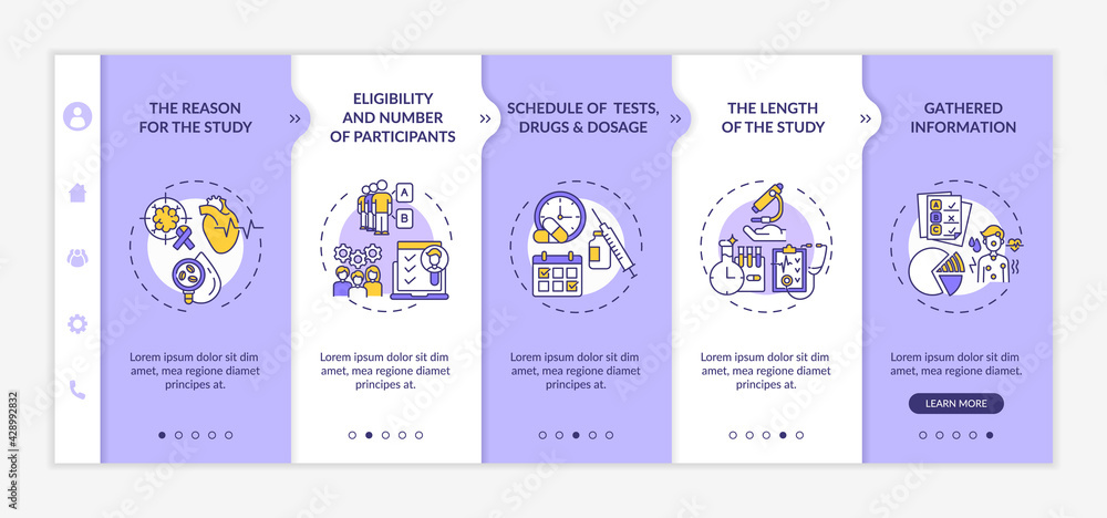 Study protocol elements onboarding vector template. Responsive mobile website with icons. Web page walkthrough 5 step screens. Gathered info, tests schedule color concept with linear illustrations