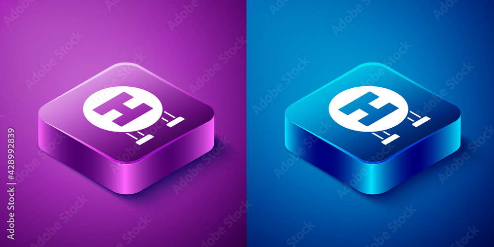 Isometric Hospital signboard icon isolated on blue and purple background. Square button. Vector Isometric Hospital signboard icon isolated on blue and purple background. Square button. Vector