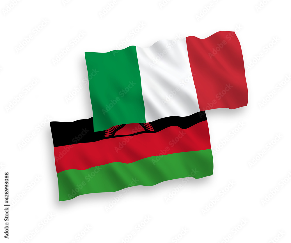 National vector fabric wave flags of Italy and Malawi isolated on white background. 1 to 2 proportion. National vector fabric wave flags of Italy and Malawi isolated on white background. 1 to 2 proportion.