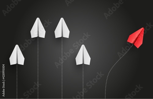 Individuality concept. Individual and unique leader red paper plane flies to the side. Vector