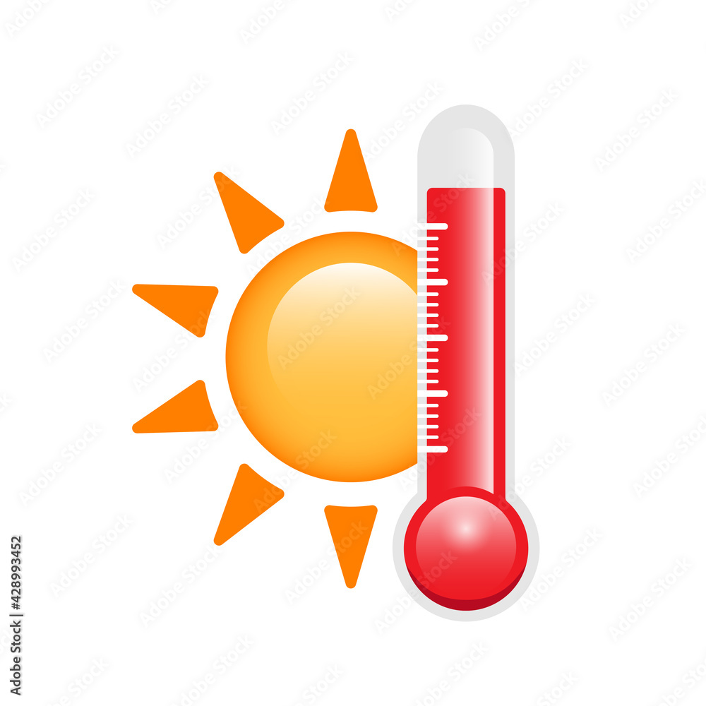 Thermometer and sun. Hot weather and high temperature illustration. Vector  illustration. Stock Vector | Adobe Stock