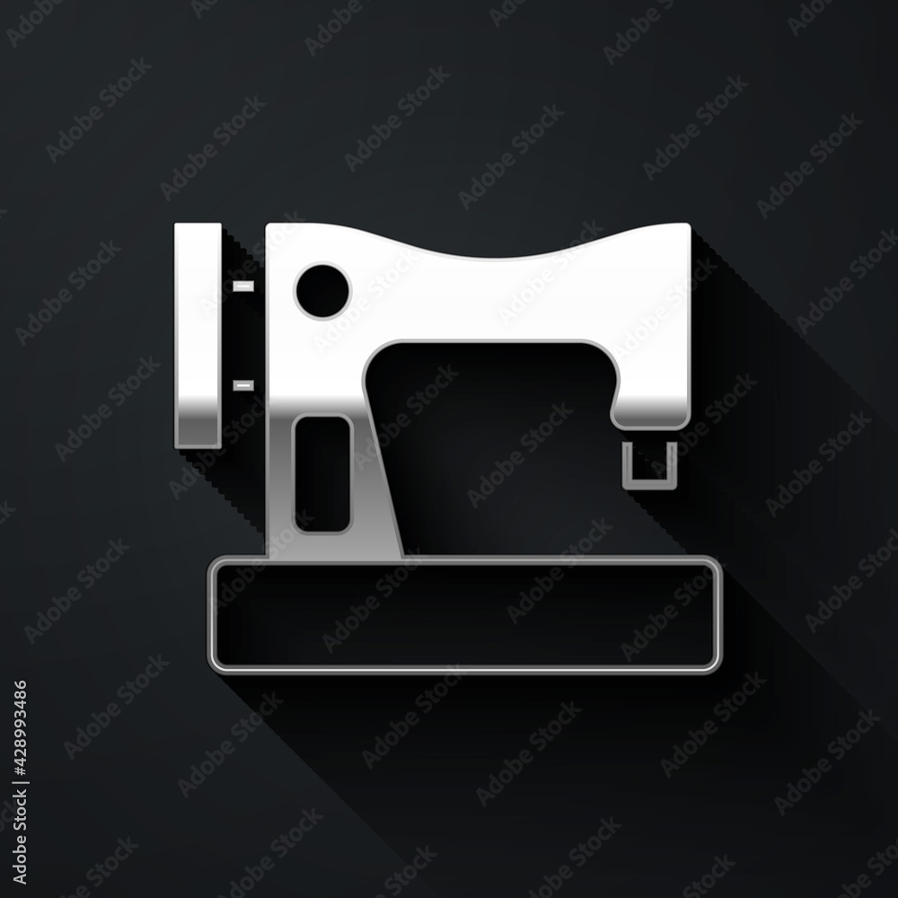 Silver Sewing machine icon isolated on black background. Long shadow style. Vector Silver Sewing machine icon isolated on black background. Long shadow style. Vector