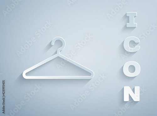 Paper cut Hanger wardrobe icon isolated on grey background. Cloakroom icon. Clothes service symbol. Laundry hanger sign. Paper art style. Vector