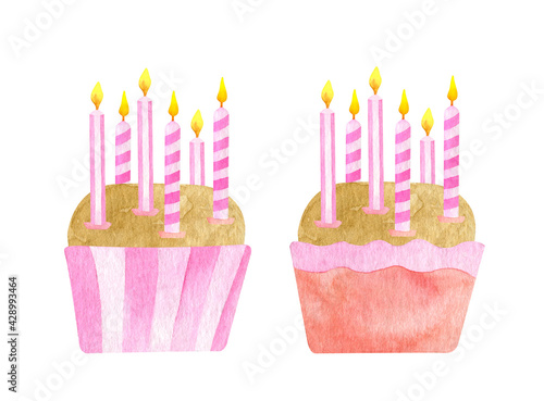 Cute Birthday cupcakes with six candles. Hand painted watercolor biscuit cakes in pink baking cups. Party dessert ilustration isolated on white background. Baby girl 6th Birthday celebration cakes
