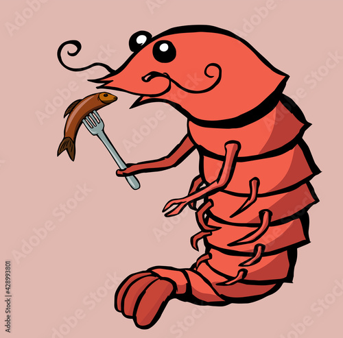 Smiling moustached shrimp with fried fish on fork.