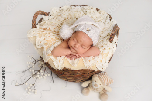 Portrait detail newborn sleeping baby on blanket 