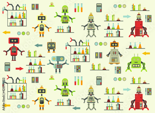 pattern with different cute cartoon robots.