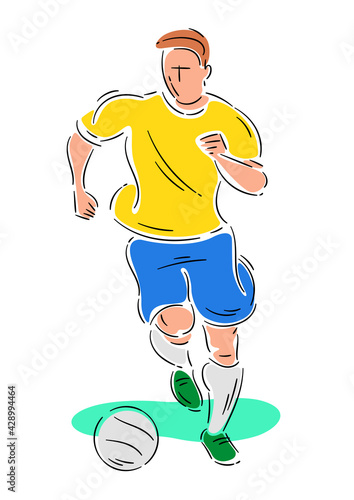 Brazil soccer player running with the ball. Colored drawing with simple strokes.