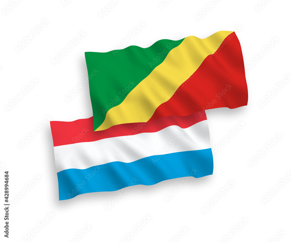 Naklejka premium National vector fabric wave flags of Republic of the Congo and Luxembourg isolated on white background. 1 to 2 proportion.