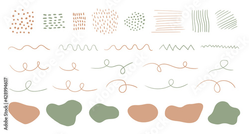 Organic shapes, spots, lines, dots. Vector set of trendy abstract hand drawn elements for graphic design