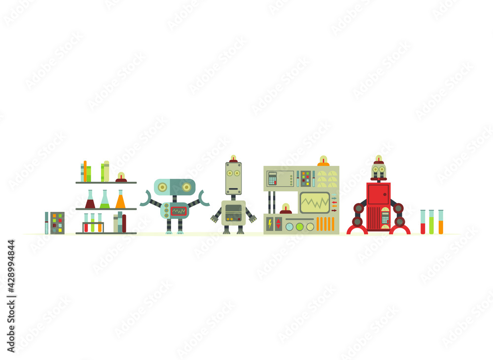 Cartoon robots. Vector illustration of robotics for children.
