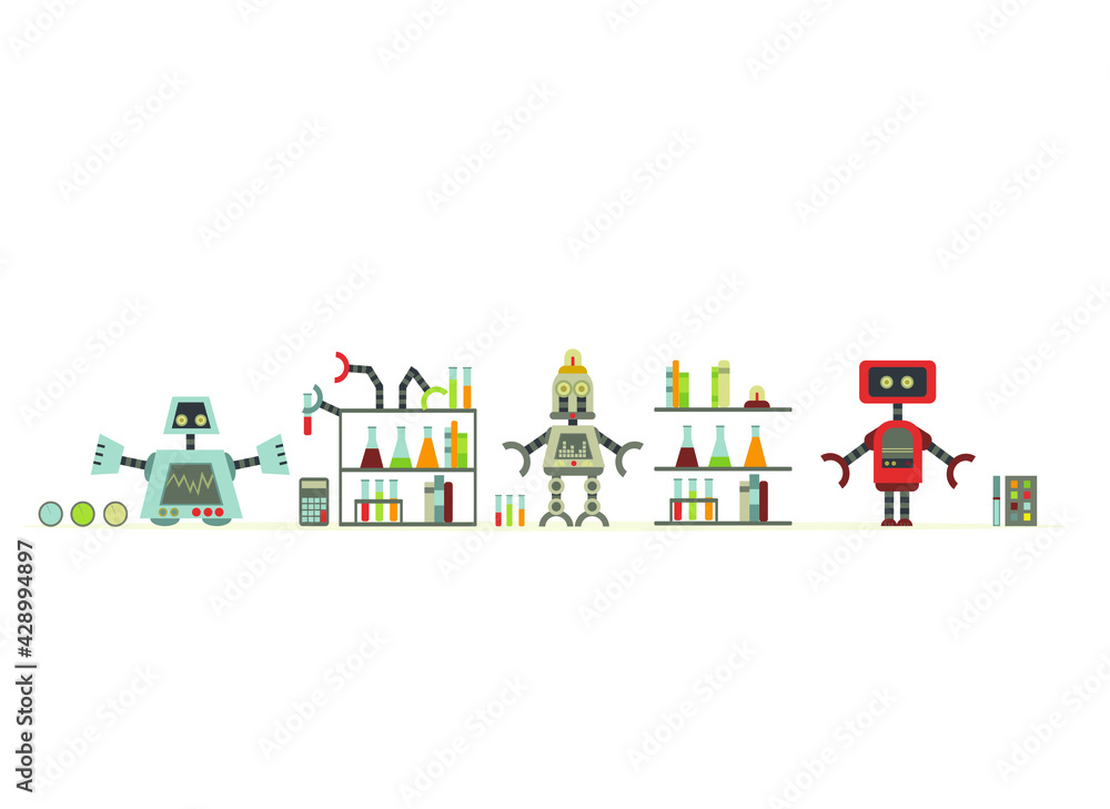 Naklejka premium Cartoon robots. Vector illustration of robotics for children.