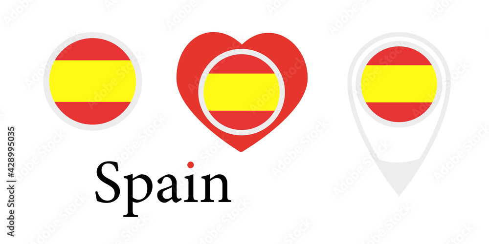 National flag of Spain, round icon, heart icon and location sign National flag of Spain, round icon, heart icon and location sign