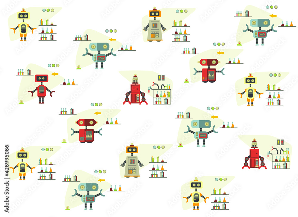 pattern with different cute cartoon robots.