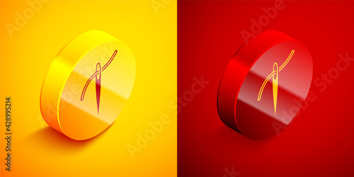 Isometric Needle for sewing with thread icon isolated on orange and red background. Tailor symbol. Textile sew up craft sign. Embroidery tool. Circle button. Vector