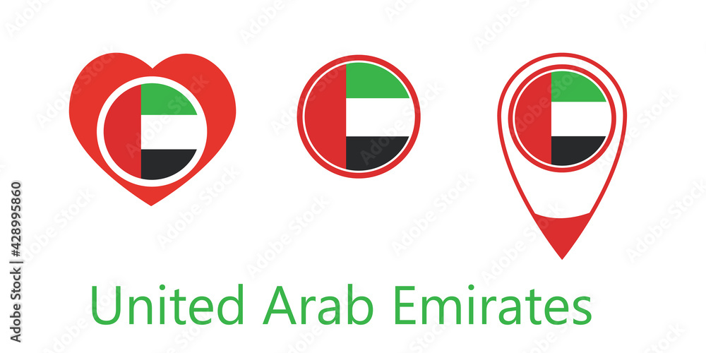 National flag of Arab Emirates, round icon, heart icon and location sign National flag of Arab Emirates, round icon, heart icon and location sign