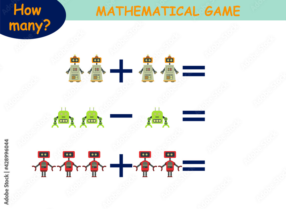 examples of addition and subtraction with robots. educational page with mathematical examples for children.