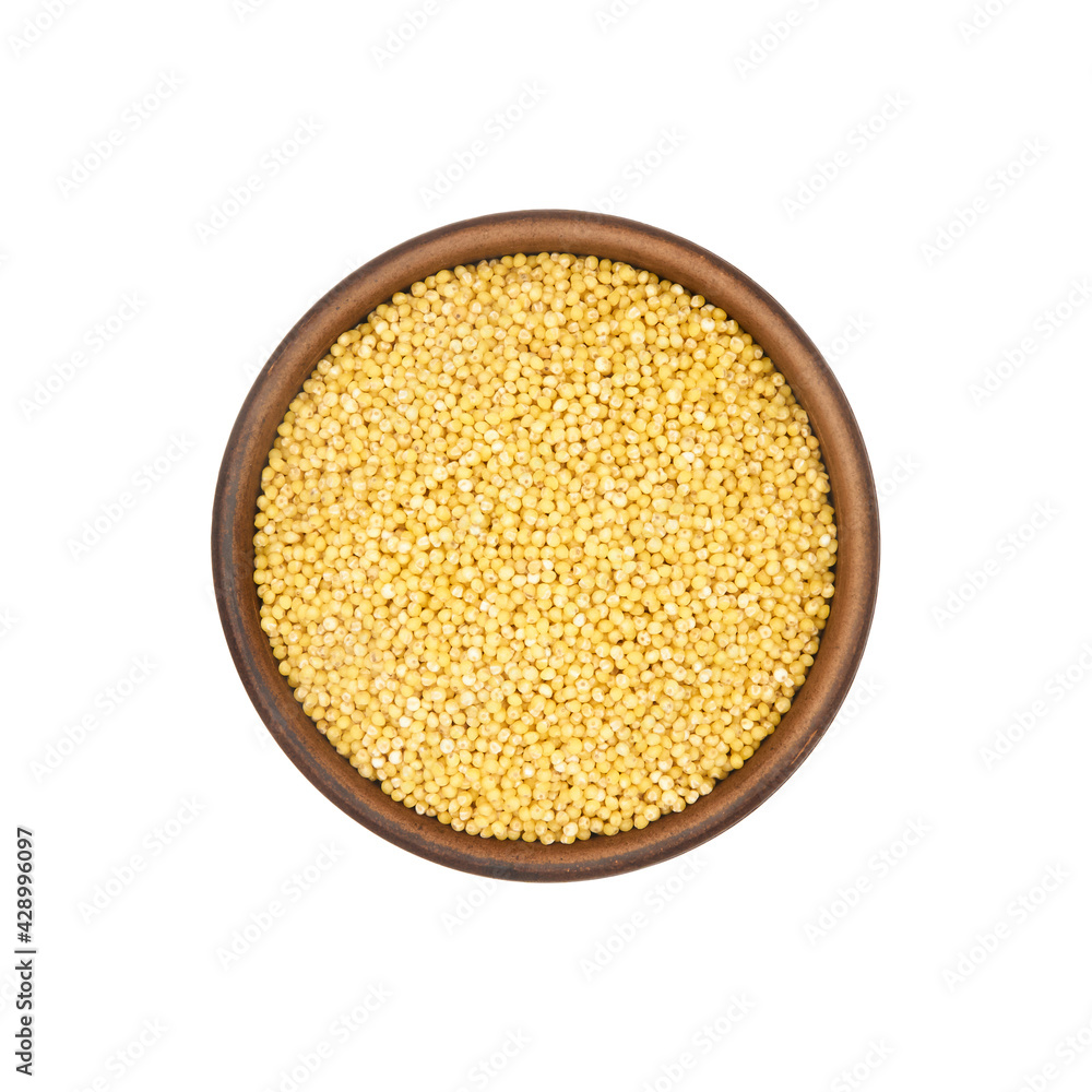 red millet in clay bowl isolated on white background, top view red millet in clay bowl isolated on white background, top view
