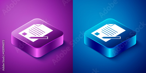 Isometric Exam sheet and pencil with eraser icon isolated on blue and purple background. Test paper, exam, or survey concept. School test or exam. Square button. Vector