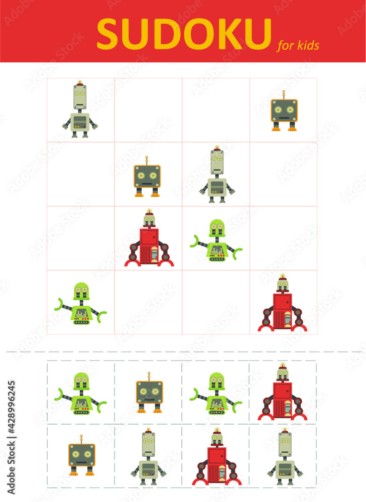 Sudoku for kids. Children's puzzles. Educational game for children. cute robots Sudoku for kids. Children's puzzles. Educational game for children. cute robots