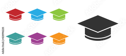 Black Graduation cap icon isolated on white background. Graduation hat with tassel icon. Set icons colorful. Vector