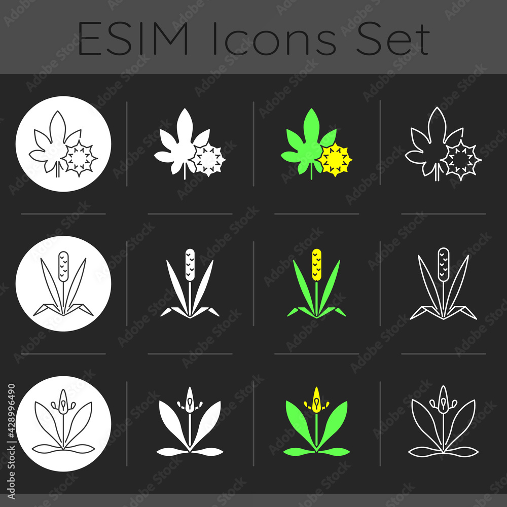 Intolerance for allergen dark theme icons set. Castor bean. Timothy grass. Flower pollen. Common reason for allergy. Linear white, solid glyph and RGB color styles. Isolated vector illustrations Intolerance for allergen dark theme icons set. Castor bean. Timothy grass. Flower pollen. Common reason for allergy. Linear white, solid glyph and RGB color styles. Isolated vector illustrations