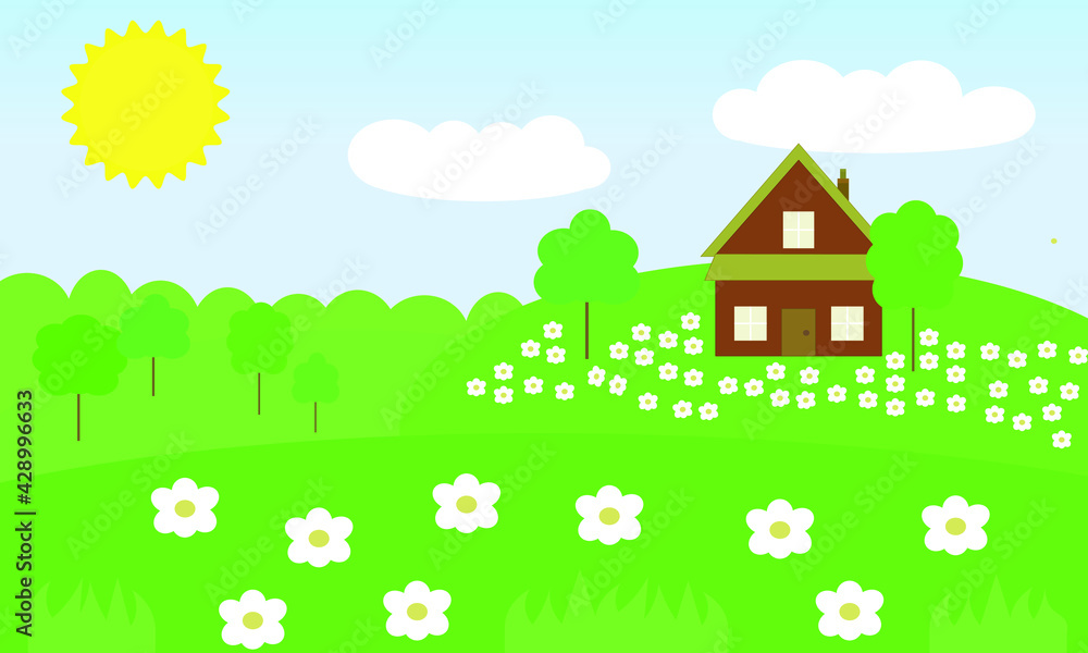 Dream farm house home on green hills and field of flowers in rural countryside cartoon vector landscape summer nature background wallpaper peaceful village Dream farm house home on green hills and field of flowers in rural countryside cartoon vector landscape summer nature background wallpaper peaceful village