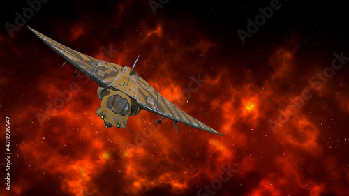 Illustration of a spaceship flying through a bright red nebula in the depths of space.