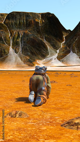 Illustration of a female astronaut crawling across a desert floor with mountains and blue sky in the distance on an alien world.