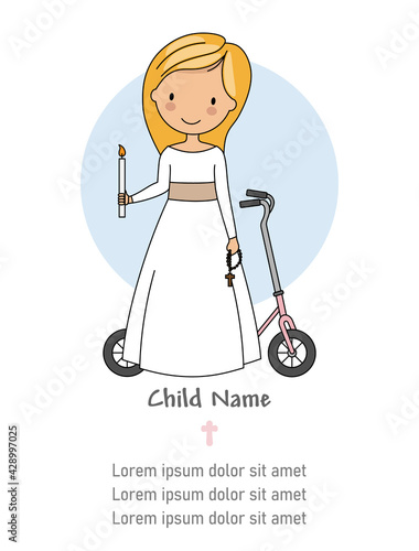 My first communion card. Girl with candle, crucifix and a scooter. Isolated vector