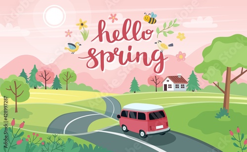 Spring road trip. Landscape with a cute car on the road and lettering. Vector illustration in flat style