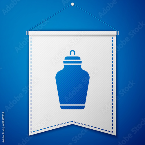 Blue Funeral urn icon isolated on blue background. Cremation and burial containers, columbarium vases, jars and pots with ashes. White pennant template. Vector